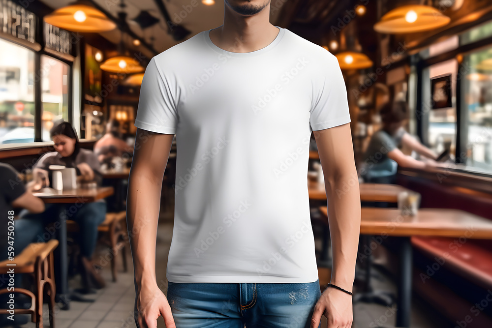 Young man wearing bella canvas white t shirt and jeans, at a cozy restaurant on summers day. Design tshirt template, print presentation mockup. Ai generated.