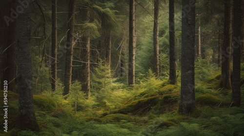 A forest with trees and moss on the ground © LUPACO PNG