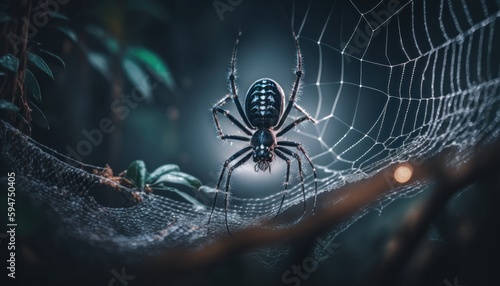 Black spider on web ambinetal background in nature generative ai © Hixel