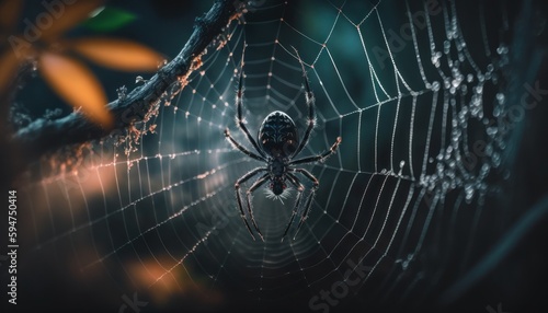Tableau sur toile Black spider on web ambinetal background in nature generative ai
