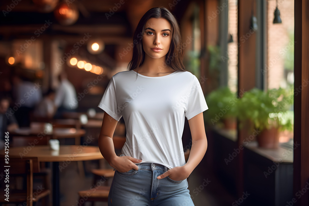 Young woman wearing bella canvas white t shirt and jeans, at a cozy restaurant on summers day. Design tshirt template, print presentation mockup. Ai generated.