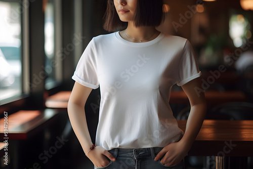 Young woman wearing bella canvas white t shirt and jeans, at a cozy restaurant on summers day. Design tshirt template, print presentation mockup. Ai generated.