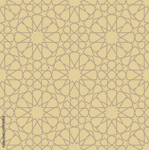 Seamless geometric pattern with gold stars and floral elements on white background. Monochrome vector abstract design. Decorative lattice in Arabic style. Background for textile  fabric and wrapping.