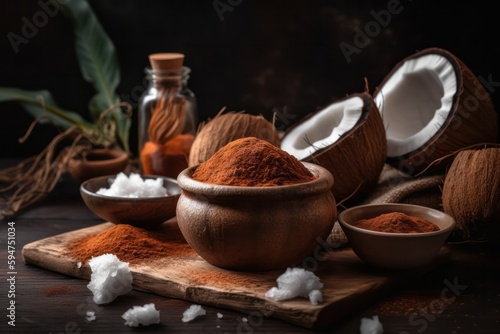 background products - coconut and spices on a wooden table .dark background. Rustic Style. Generative AI