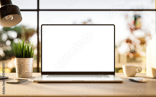 Fototapete Laptop with blank frameless screen mockup template on the table in industrial office loft interior - front view