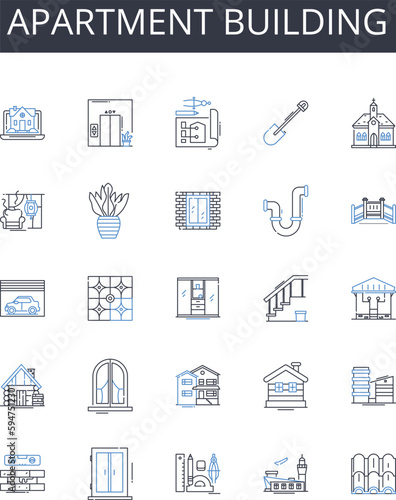 Apartment building line icons collection. Office block, Hotel establishment, Shopping complex, Residential block, Commercial building, Condominium complex, Industrial facility vector and linear