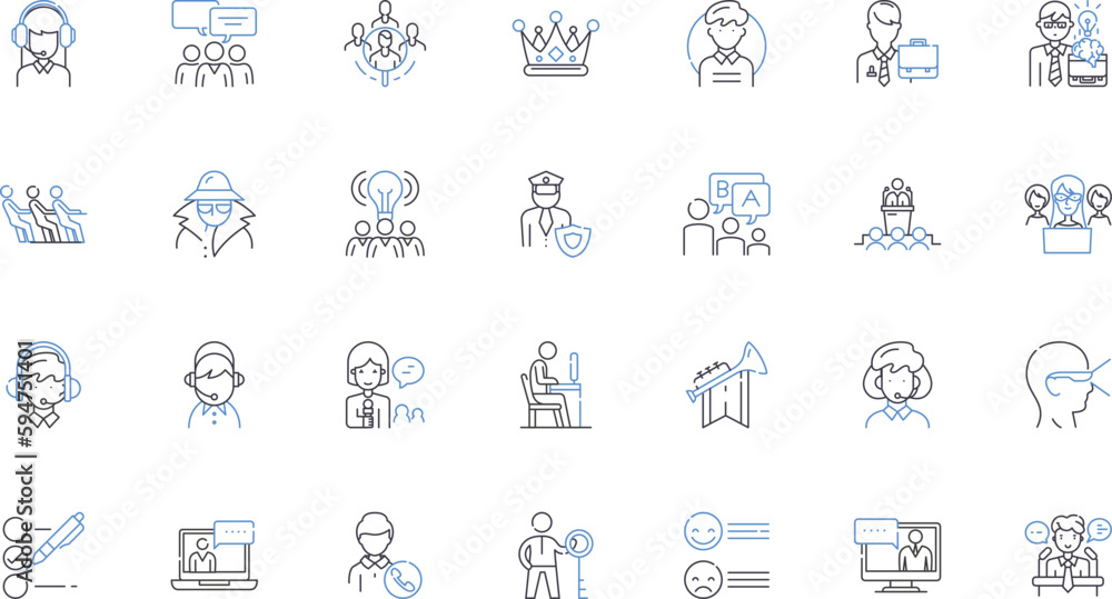 Leadership cadre line icons collection. Visionary, Collaborative, Decisive, Innovative, Strategic, Empathetic, Inspirational vector and linear illustration. Result-driven,Adaptable,Tenacious outline - obrazy, fototapety, plakaty 