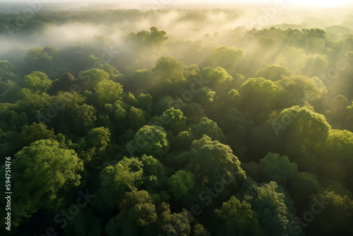 Aerial view of a lush green forest in the morning light. © John