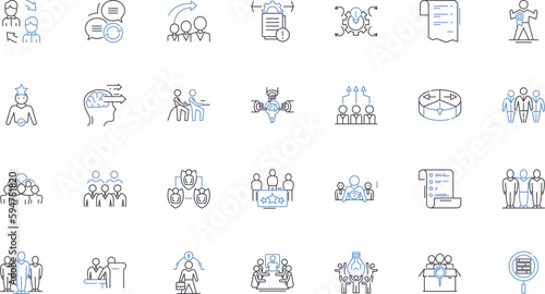 Institution crew line icons collection. Unity, Pride, Hardworking, Diligent, Dedicated, Collaborative, Strong vector and linear illustration. Skilled,Persistent,Resourceful outline signs set