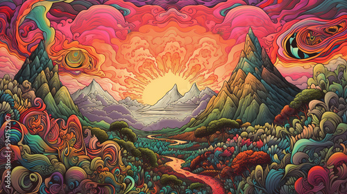 an illustration of a psychedelic lush landscape with pyramids and mountains. Generated Ai © bahadirbermekphoto