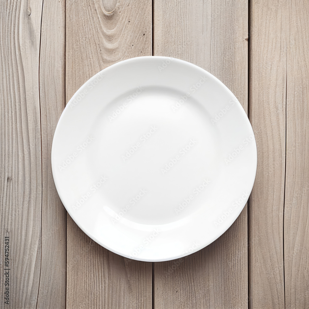 Empty white plate on wooden table, top view, Generative AI Empty white plate on wooden table, top view, Generative AI