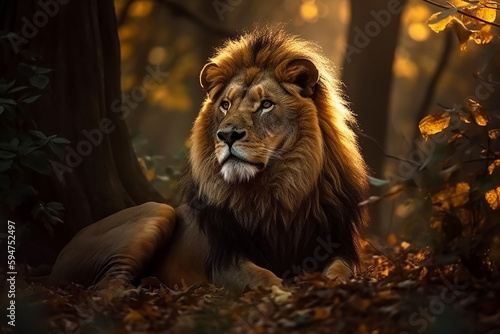 A lion in the woods with autumn leaves on the background. Generative AI