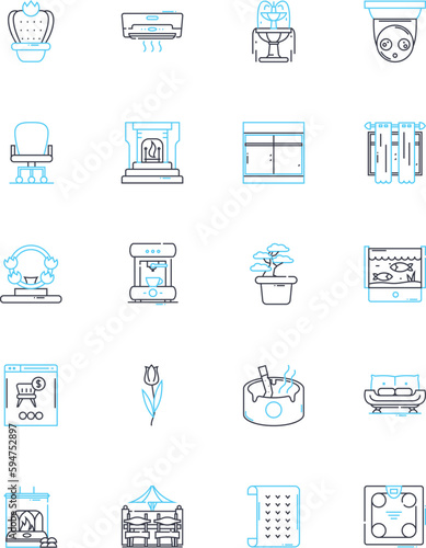 Condos linear icons set. Urban, High-rise, Luxurious, Amenities, View, Location, Modern line vector and concept signs. Spacious,Cozy,Secure outline illustrations
