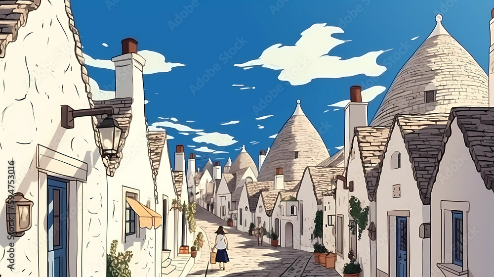 Illustration of beautiful view of Alberobello, Italy