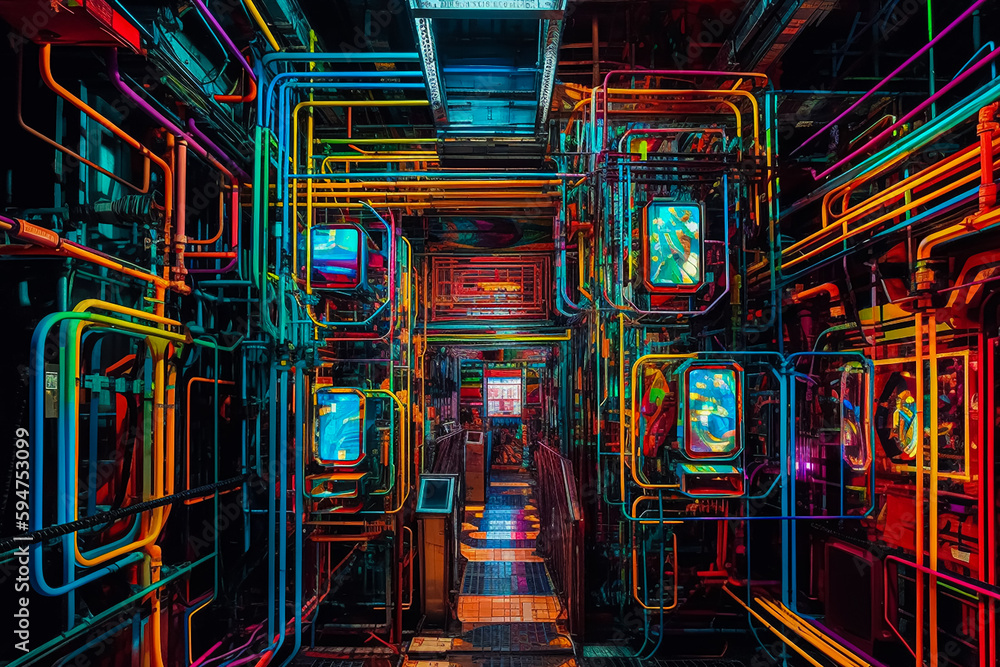 A colorful room with a bunch of wires. Generative AI