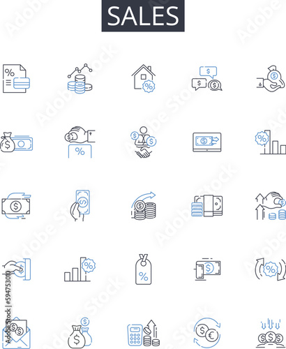 Sales line icons collection. Marketing  Business  Revenue  Income  Profits  Transactions  Deals vector and linear illustration. Customers Trades Promotions outline signs set