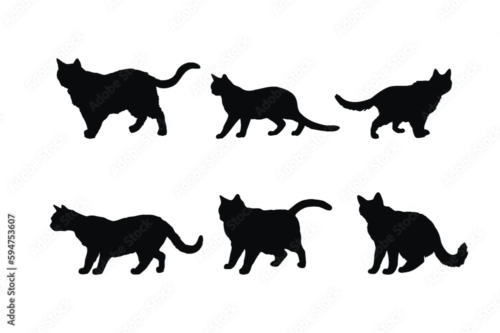 Cute cat walking silhouette bundle design. Cat standing in different positions silhouette collection. Cute home cat vector design on a white background. Feline standing silhouette set vector.