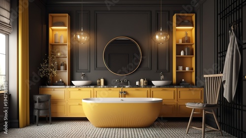 Bathroom modern interior design. Room with grey walls and yellow bathtub and furnishing, sinks with mirror and decor. Contemporary home space with furniture illustration background. Generative AI.