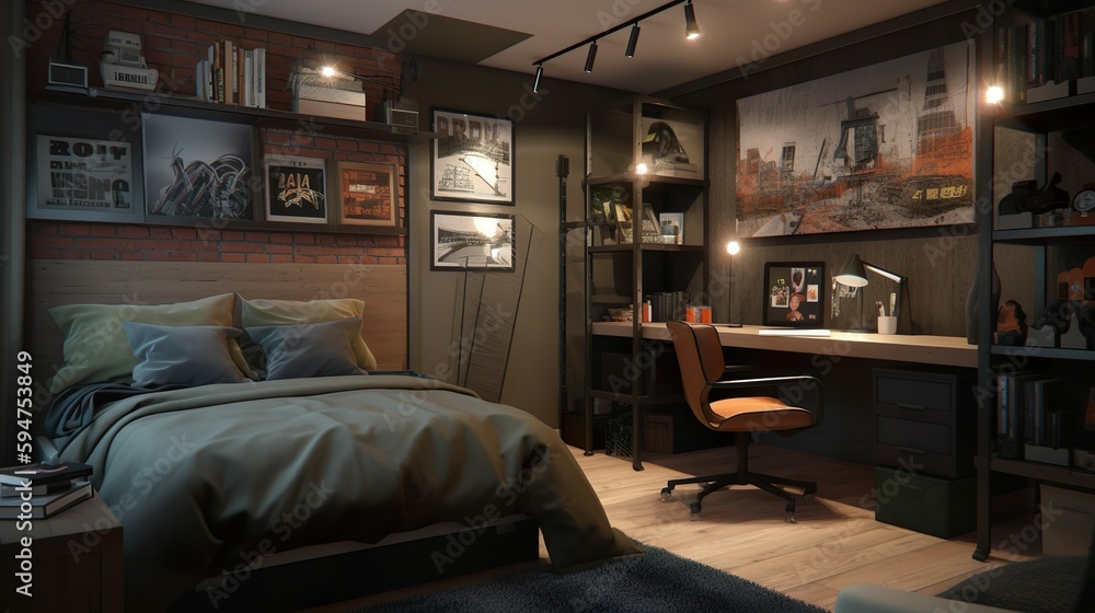 Teenage boy bedroom bedroom modern interior design. Dark room in with ...