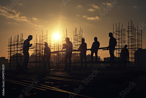 Engineers silhouettes at construction site. Builder workers team at sunset. Urban infrastructure development. Created with Generative AI