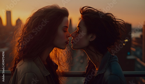 Lesbian couple kissing at sunset. Generated with ai.