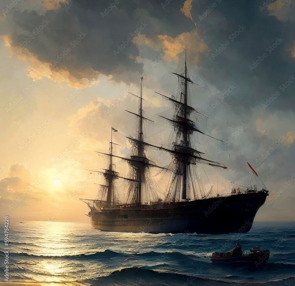 Ship with sunset in the background