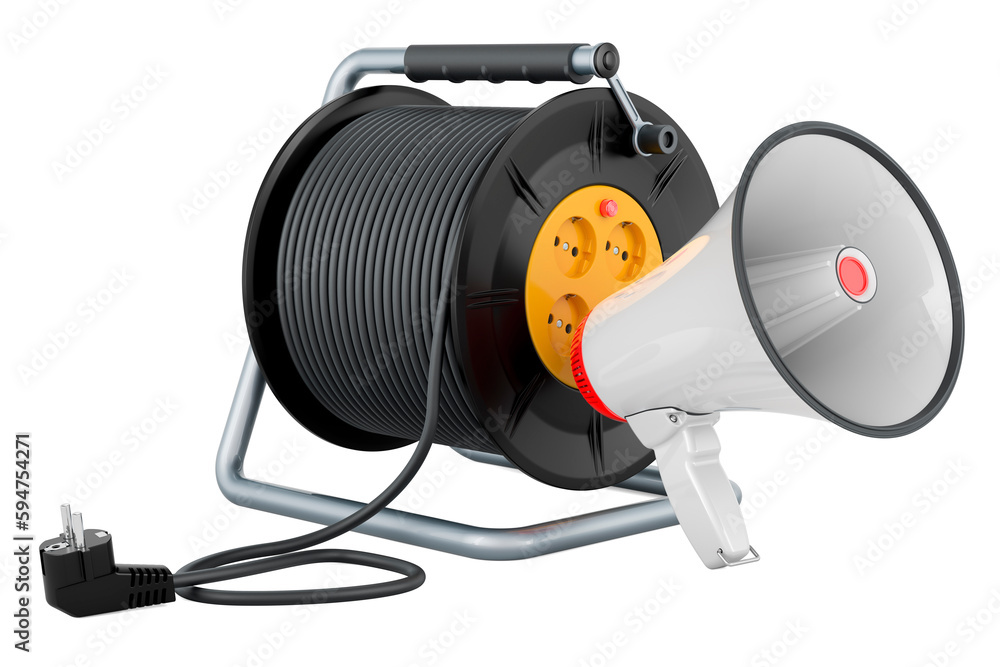 Industrial cable reel with megaphone, 3D rendering Industrial cable reel with megaphone, 3D rendering