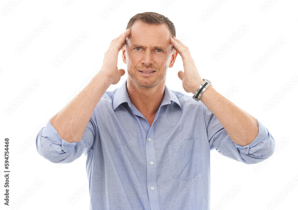 Portrait, stress and PNG with a business man isolated on a transparent background suffering from anxiety. Burnout, mental health and overworked with a frustrated male employee rubbing his temples Portrait, stress and PNG with a business man isolated on a transparent background suffering from anxiety. Burnout, mental health and overworked with a frustrated male employee rubbing his temples