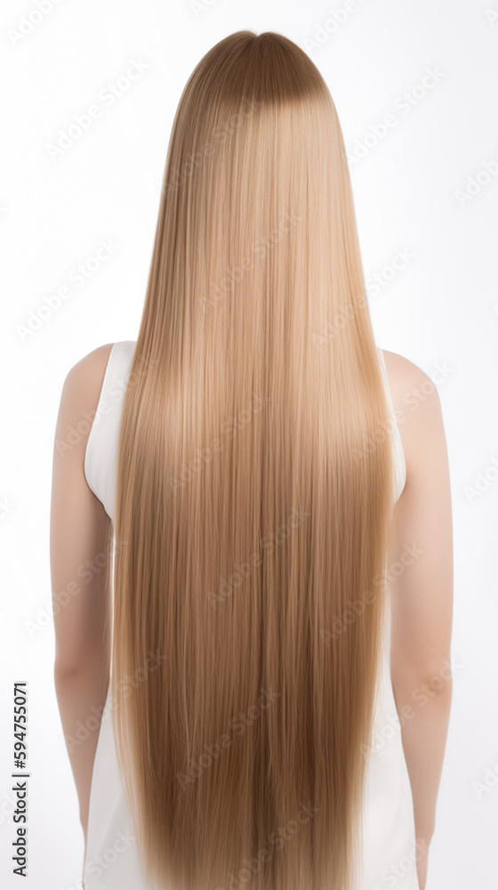 Beautiful long blonde hair on a white background. Back view. Generated ai Beautiful long blonde hair on a white background. Back view. Generated ai