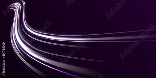 Neon glowing white curves strewn in space. Abstract motion lines. Smooth waves of energy. Light trail wave, fire path trace line and incandescence curve twirl. Magic blue speed flying trails vector.  