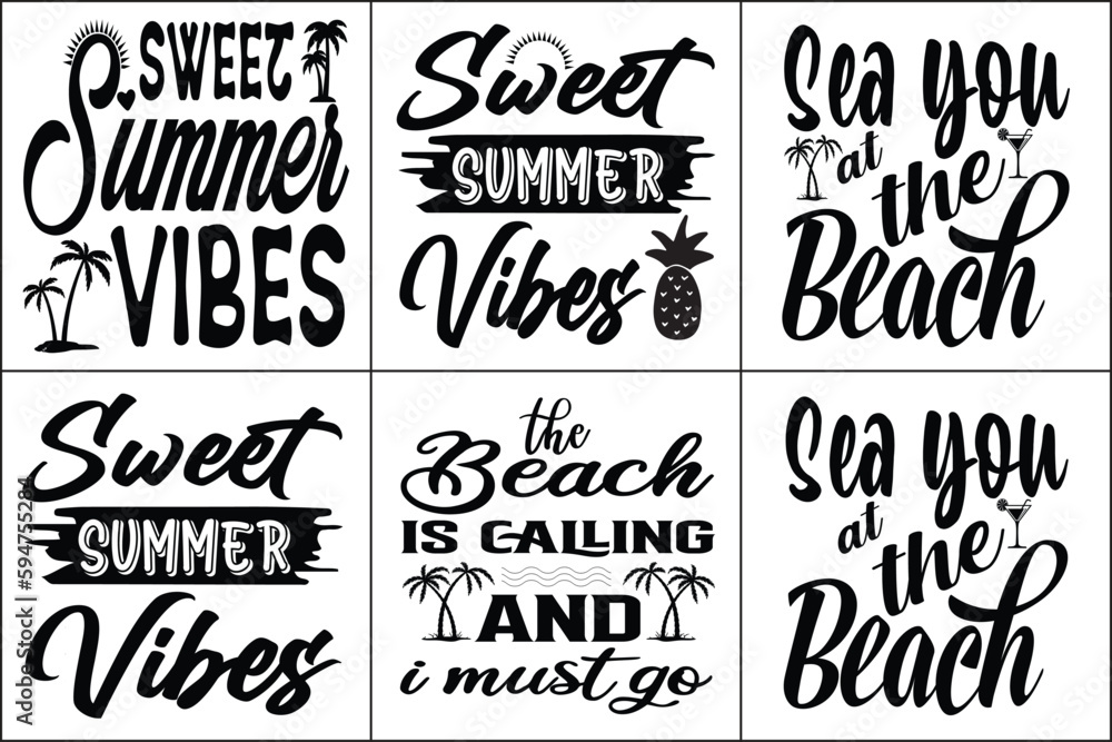 Summer Beach Vector Illustration set, summer svg bundle, beach quotes, Summer Typography Design Bundle svg eps Files