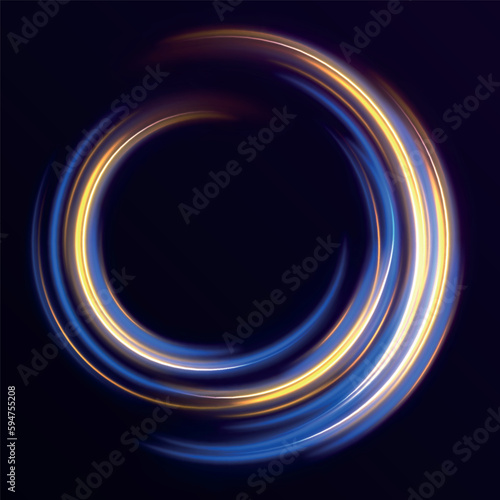 Luminous gold circle. Light trail curve swirl, incandescent optical fiber png. Neon laser wave swirl. Cyber futuristic divider border. Purple and blue beam. Golden glowing spiral lines vector.