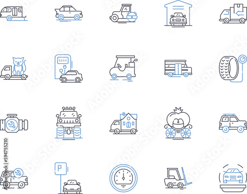Commercial transit line icons collection. Bus, Shuttle, Transit, Coach, Transport, Commute, Ride vector and linear illustration. Taxi,Buses,Express outline signs set