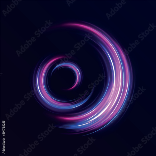 3d speedy neon light trails made with ultra violet and blue laser light. High speed effect motion blur night lights. semicircular wave, light trail curve swirl, incandescent optical fiber png vector. © Vitalii