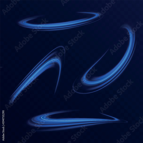 Elegant bright neon linear wave. Abstract light lines of movement and speed with blue color and sparkles. Vector background. Neon glowing curves strewn with sparks in a dark space.    