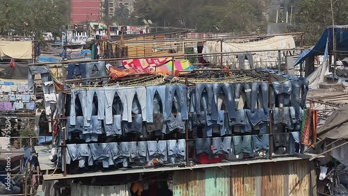 Dhobi ghat Mumbai, Dharavi slums laundry area, street view, Maharashtra