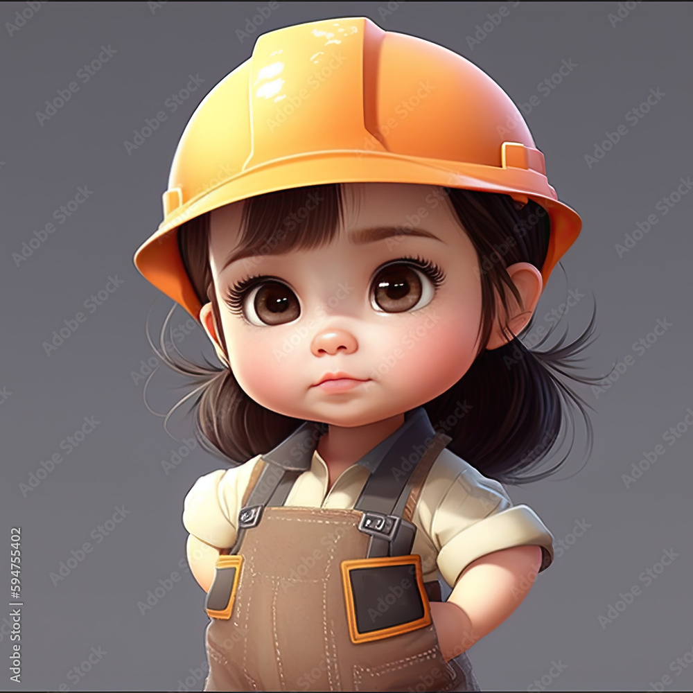 little girl with orange yellow construction hard hat helmet, cartoon style illustration handyman, ai generative little girl with orange yellow construction hard hat helmet, cartoon style illustration handyman, ai generative