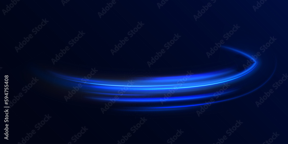 Light everyday glowing effect. High speed motion blur light effects at night, blue line. Semicircular wave, light trail curve swirl, optical fiber incandescent png. Bright sparkling background vector. - obrazy, fototapety, plakaty 