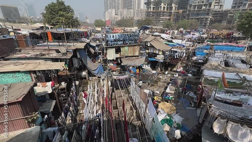 Dhobi ghat Mumbai, Dharavi slums laundry area, street view, Maharashtra