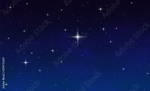 Space background with realistic nebula and glitter star. Deep cosmos stardust. Realistic starry sky with blue glow. Shining stars in the dark sky. Vector illustration. 