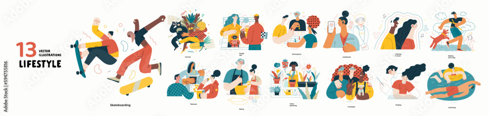 Lifestyle series set - modern flat vector illustrations of people living their lives and engaging in a hobby. People society activities methapors and hobbies concept - obrazy, fototapety, plakaty 