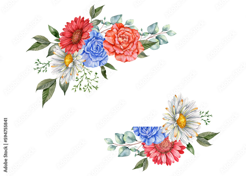 4th of July Patriotic Concept. Independence Day design element. Hand Painted Watercolor Floral Arrabgement . Botaical Illustration
