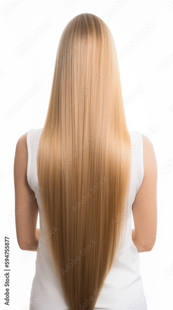 Beautiful long blonde hair on a white background. Back view. Generated AI Beautiful long blonde hair on a white background. Back view. Generated AI