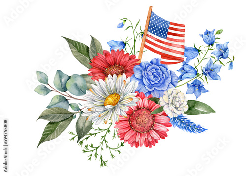 4th of July Patriotic Concept. Independence Day design element. Hand Painted Watercolor Floral Arrabgement . Botaical Illustration
