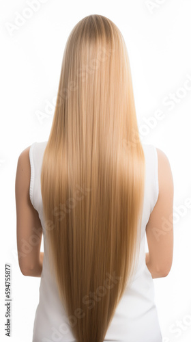 Beautiful long blonde hair on a white background. Back view. Generated AI
