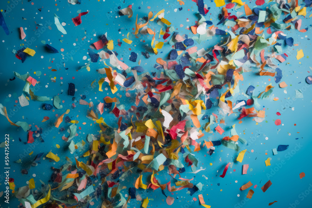 Colorful confetti flies over blue background. Generative AI.
Colorful confetti flies over blue background. Generative AI.