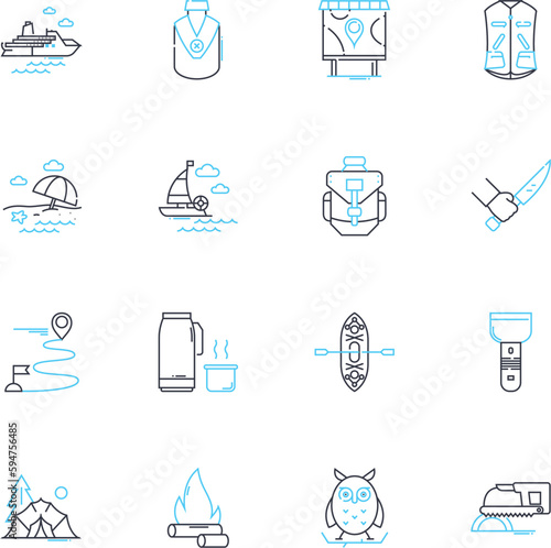 Beach getaways linear icons set. Sand, Waves, Sun, Relaxation, Ocean, Shoreline, Seagulls line vector and concept signs. Surf,Vacations,Tides outline illustrations