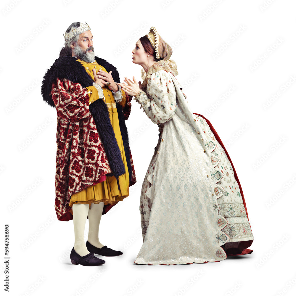 Fight, medieval king and queen in argument, vintage costume and marriage problem in theatre performance art. History, royal couple fighting and renaissance act isolated on transparent, png background