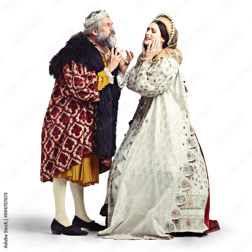 Argument, king and queen in medieval costume with crown, marriage problem and theatre actor in performance art. History, angry man and woman in renaissance act isolated on transparent, png background