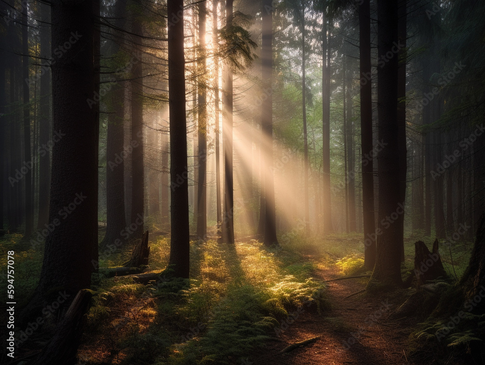 Sun Beams in a Forest | Generative AI